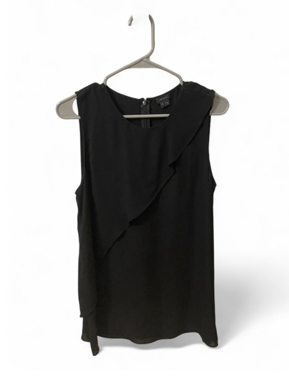 Theory 100% Silk Black Sleeveless Blouse Ruffle Quiet Luxury Tank Top Flowy, L